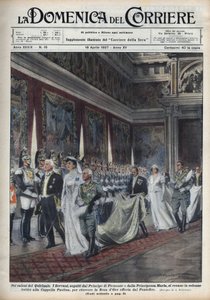 Le couple royal, Victor Emmanuel III (1869-1947) et son épouse Hélène de Monténégro suivis par le prince Humbert II et Marie José (Marie-José de Belgique, Maria José de Savoie) se rendent à la chapelle Paolina - Achille Beltrame