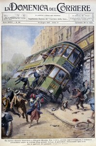 Accident de tramway à Glasgow, Écosse : une des voitures a renversé une vitrine en porcelaine et des passants - dessin de A. Beltrame, dans "La Domenica del Corriere" du 1er février 1931 - Achille Beltrame