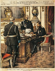 Le tsar Nicolas II signant le projet de réformes institutionnelles, de La Domenica del Corriere, 8 janvier 1905