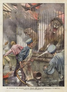 Un incendie dans le quartier des bêtes féroces au jardin zoologique de Berlin (lithographie en couleur) - Achille Beltrame