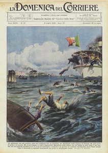Un bateau à moteur avec huit personnes, après une collision avec un paquebot, est en train de couler dans la lagune de Venise - Achille Beltrame