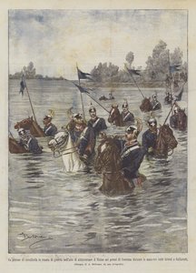 Un peloton de cavalerie en tenue de guerre traversant le Tessin