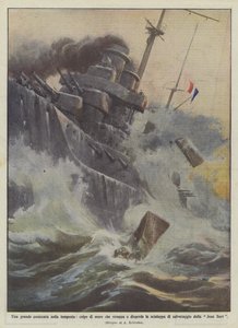 Un grand cuirassé dans la tempête, une vague arrache et disperse les chaloupes - Achille Beltrame