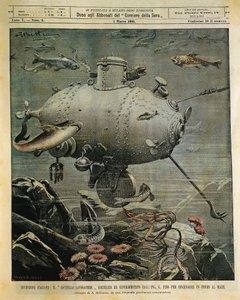 Vaisseau sous-marin pour explorer les fonds marins, illustration par Achille Beltrame
