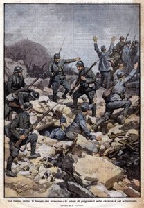 Première Guerre mondiale : front italien sur le plateau du Carso (Trentin) et prisonniers dans les souterrains. « Domenica del Corriere ». 07/1917 - Achille Beltrame