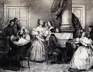 Concert familial avec piano, par Achille Deveria (1800-1857), gravure, France - Achille Devéria