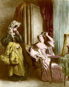 La toilette : une jeune femme élégante avec sa servante. Lithographie par Achille Devéria (1800-1857) 19ème siècle Collection Particulière - Achille Devéria