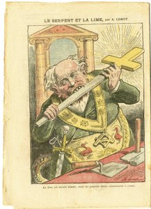 Illustration par Achille Lemot (1846-1909) dans Le Pèlerin, 23/05/09 - Le Serpent et le Citron - Antimaçonnisme, Religion Foi, Croix Chrétienne, Fables de La Fontaine et autres, Catholicisme - Laïcisation - Serpents - Animalisation - Achille Lemot