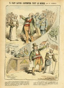Illustration de Achille Lemot (1846-1909) dans Le Pèlerin, 03/09/05 - Il faut savoir contenter tout le monde - Anticléricalisme, Antimaçonnisme Franc-maçonnerie, Religion Foi, Médaille, Bloc des gauches, Catholicisme Catholique - Expulsions de religieux, L - Achille Lemot