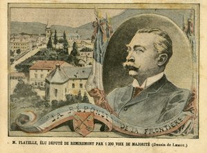 Illustration de Achille Lemot (1846-1909) dans Le Pèlerin, 07/02/04 - M. Flayelle, élu député de Remiremont par 1200 voix de majorité - Élections, Alsace Lorraine, Chambre des députés Hémicycle, Patriotisme, Frontières, Remiremont, Vosges - Député, Flayell - Achille Lemot
