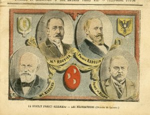 Illustration de Achille Lemot (1846-1909) dans Le Pèlerin, 09/07/05 - Le conflit franco-allemand les négociateurs - Colonisation Colonialisme Colonies, Allemagne Prusse, Maroc, France, Tanger - Rouvier Maurice (1842-1911), Bulow Bernhard von (1849-1929), R - Achille Lemot