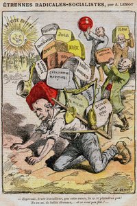 Radical-Socialistes : caricature par Achille Lemot dans Le Pèlerin (1909) - un ouvrier s