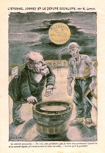 Député socialiste promettant la lune (retraite) à un pauvre prolétaire (charpentier), dans Le Pèlerin, hebdomadaire catholique N°1391 du 30 août 1903 par A. Lemot - Achille Lemot
