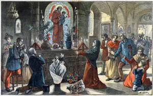 La dévotion à Saint Antoine de Padoue réunit devant son autel toutes les classes de la société - Illustration par Achille Lemot dans « Le Pèlerin » de 1896 - Achille Lemot