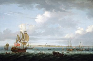 Navigation au large de Madras (Inde), avec une description du port et de la ville et le drapeau britannique flottant sur le Fort Saint George - Adam Callander