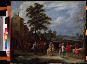 Régiment de cavalerie passant sur un domaine