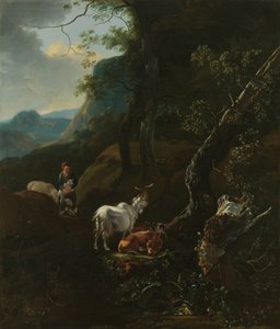 Une bergère avec des animaux dans un paysage montagneux - Adam Pijnacker