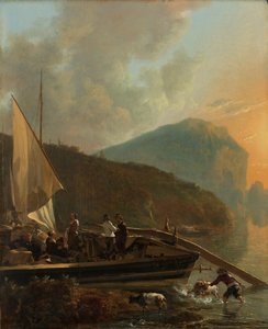 Paysage fluvial italianisant Un bateau sur la rive d