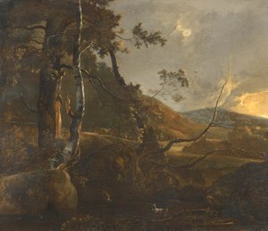 Paysage boisé avec un berger sur un chemin et une chèvre solitaire - Adam Pynacker
