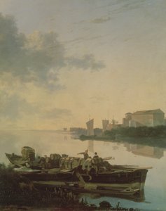 Une barge en bois sur la rivière au coucher du soleil - Adam Pynacker