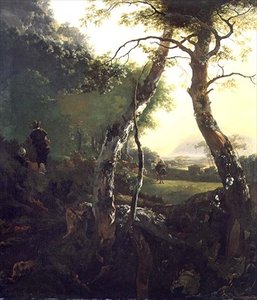 Un paysage boisé italien avec des figures et du bétail