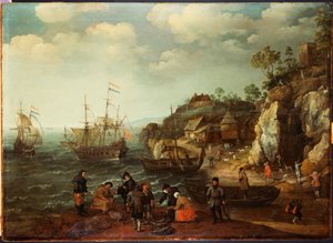 Scène côtière avec pêcheurs et chasseurs sur le rivage, 1626