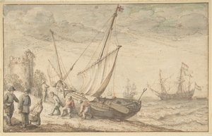 Pêcheurs tirant leur bateau sur le rivage