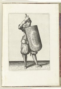 Exercice avec la targe et la rapière : comment le soldat doit fermer la visière de son casque avec la targe et la rapière dégainée dans la main (n° 7), 1618