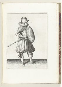 Exercice avec bouclier et lance : le soldat met la lance en position pour traîner, deuxième mouvement, 1618
