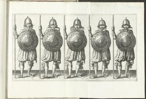 Exercice avec bouclier et lance : cinq soldats debout côte à côte avec la lance dans la main droite reposant sur le sol et le bouclier devant la poitrine (n° 31), 1618