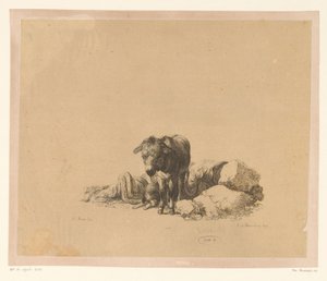 Âne debout devant un chien couché et un homme endormi (Zes prenten naar tekeningen van Adam von Bartsch in de verzameling van Heinrich Xaver Ritter von Hauer, Six estampes gravées par Adam de Bartsch d