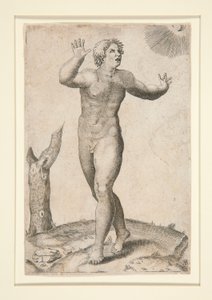 Un homme nu effrayé de voir la lune et le soleil dans le ciel en même temps - Adamo Scultori