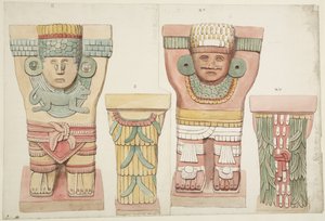 Caryatides II et XV de la chambre extérieure, Temple supérieur des Jaguars, Chichen Itza, Mexique (aquarelle)