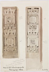 Deux colonnes montrant des reliefs en pierre, Cerritos de los Campamentos, Tenago, près de Toluca, Mexique - Adela Breton