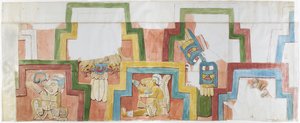 Copie aquarelle de la façade en stuc du temple sur la pyramide à Acanceh - Adela Breton
