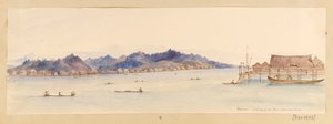 Bornéo - Vue de la rivière depuis notre maison du carnet de croquis des Antilles, Amérique du Nord et Bornéo, c.1845 - Admiral Sir Edward Gennys Fanshawe