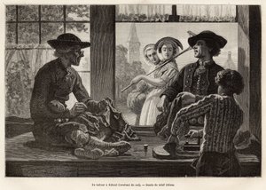 Un tailleur et son apprenti, travaillant au bord de la fenêtre pour profiter de la lumière et du spectacle des passants de la rue, à Rilland (Sud Beveland), gravure d