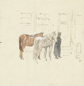 Homme avec deux chevaux devant un bâtiment - Adolf le Comte