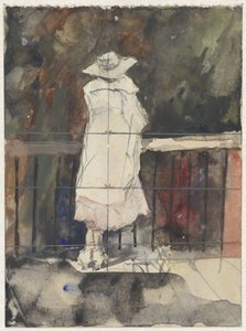 Femme debout devant une balustrade, vue de dos - Adolf le Comte