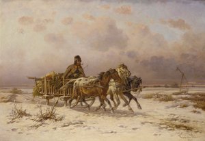 Un paysan dans un traîneau tiré par trois chevaux