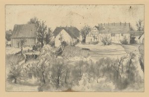 Vue de granges et de maisons de ferme, avec des arbres bas et des buissons au premier plan - Adolph Menzel