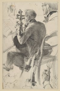 Violoncelle tourné vers la gauche, vu à demi de dos. Études de tête et de mains. Étude préparatoire pour le tableau « Concert de flûte de Frédéric le Grand à Sanssouci » - Adolph Menzel