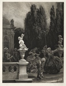 Essai sur pierre avec brosse et grattoir : Jouer aux cerceaux sur la terrasse du château, 1851