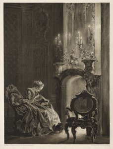 Essai sur pierre avec pinceau et grattoir : Femme lisant au coin du feu, 1851 - Adolph Menzel