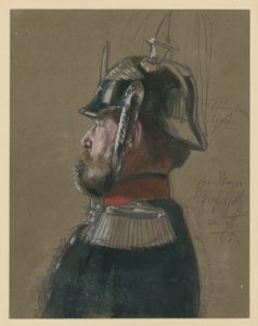 Karl Friedrich comte von Goltz, général-major, portrait en buste avec casque et épée, profil vers la gauche, étude de portrait pour «Le couronnement de Guillaume Ier à Königsberg» - Adolph Menzel