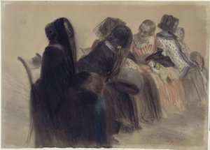 Soirée musicale : six femmes assises sur des chaises, alignées vers la droite en une rangée s