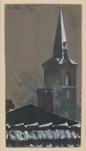 Toit de tuiles et clocher, enneigés - Adolph Menzel