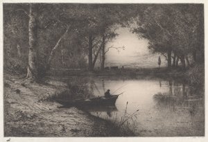 Un pêcheur dans un étang boisé au crépuscule - Adolphe Appian