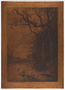 Plaque de cuivre gravée "Paysage avec des canards" par Adolphe Appian - Adolphe Appian