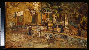Cour de ferme avec un âne et des coqs - Adolphe Joseph Thomas Monticelli